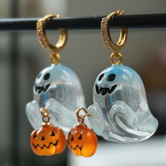 Ghost Pumpkin Earrings With Zirconia Circle Halloween trick or treat - Picture 4 of 13